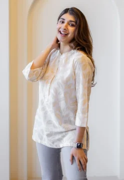 Zinia Beige Hand Block Print Slub Cotton Straight Short Top
