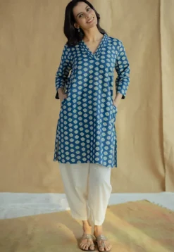 Zuhi Indigo Dabu Cotton Straight Kurta