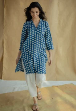 Zuhi Indigo Dabu Cotton Straight Kurta